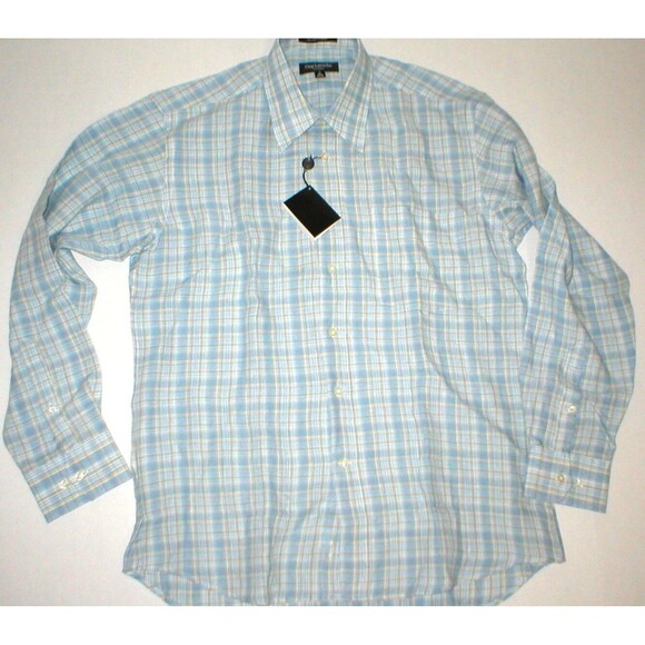 New Mens L NWT Guy Laroche Homme France Designer Shirt Ligt Blue Tan Linen Plaid - Picture 1 of 4
